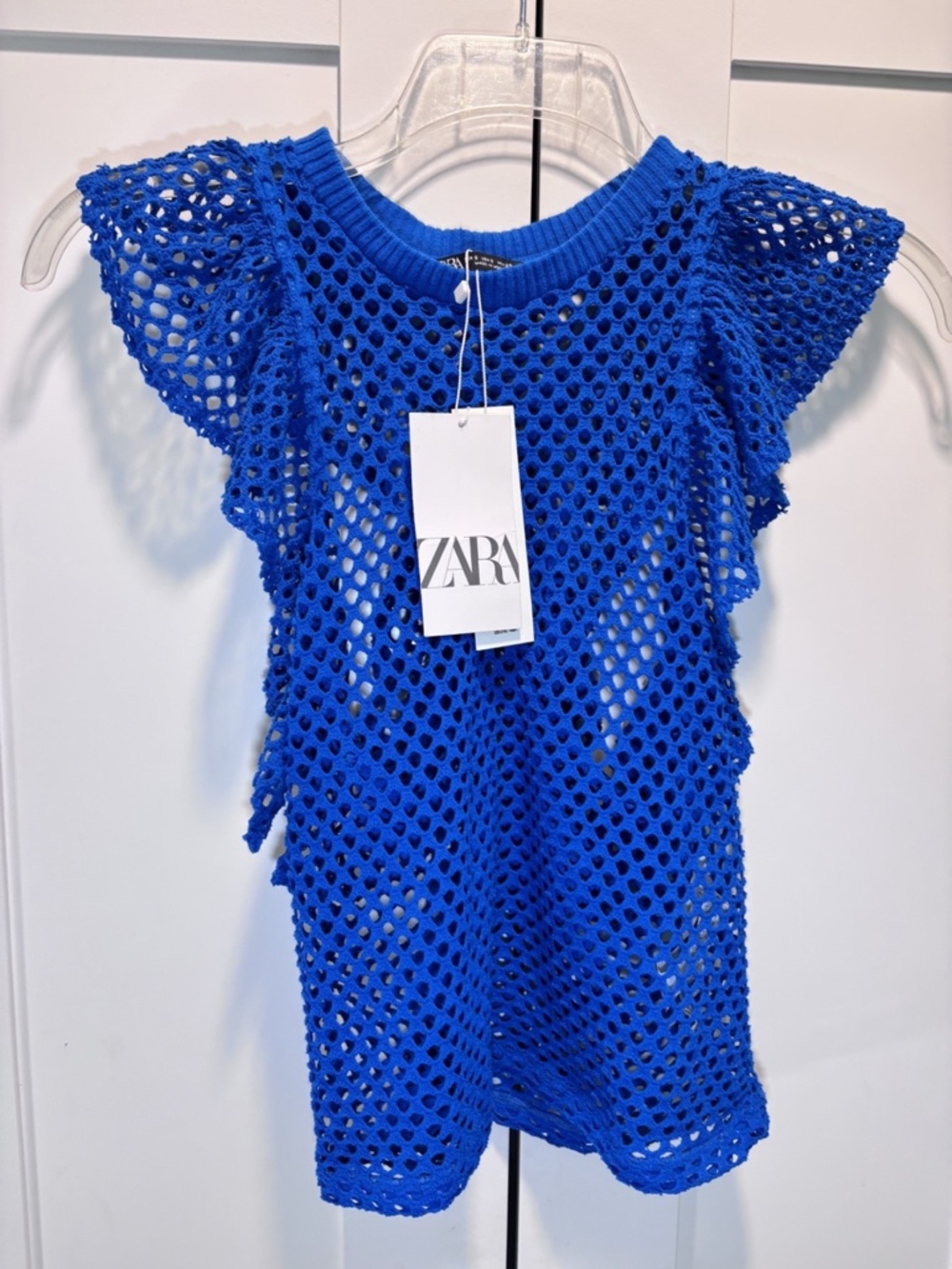 Zara NWT Cotton Blend Blue Knit Top Flutter Sleeves Women's Size S Small